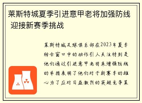 莱斯特城夏季引进意甲老将加强防线 迎接新赛季挑战